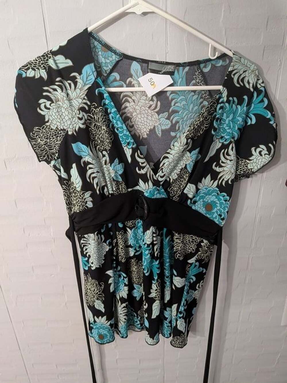 Jolie Black Floral Wrap-Style Blouse with Teal & Cream Blooms